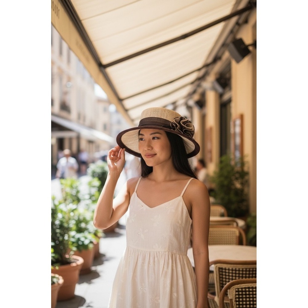 Sinamy Womens Derby Church Boater Hat One Size Beige Black Trim Flower wide brim